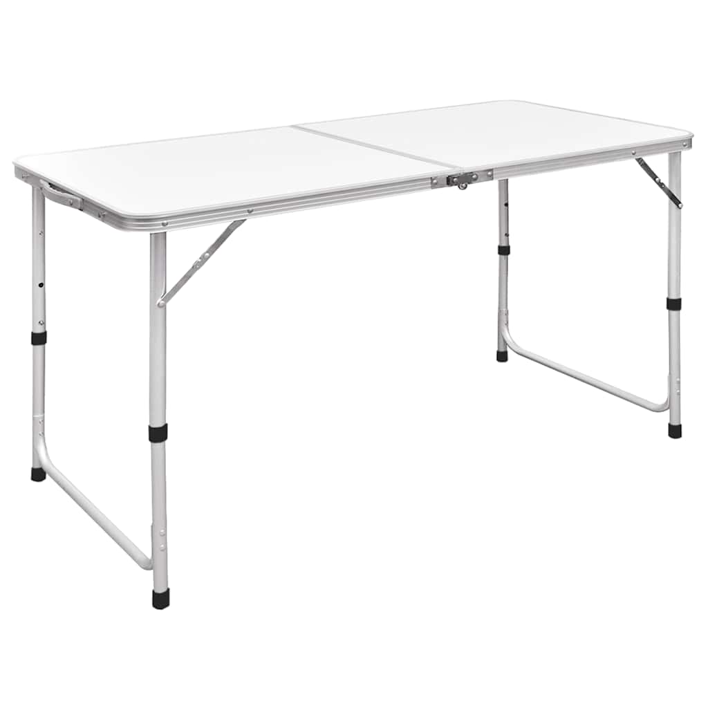 Folding Camping Table with a white rectangular surface, silver aluminum frame, and height-adjustable legs for outdoor use.