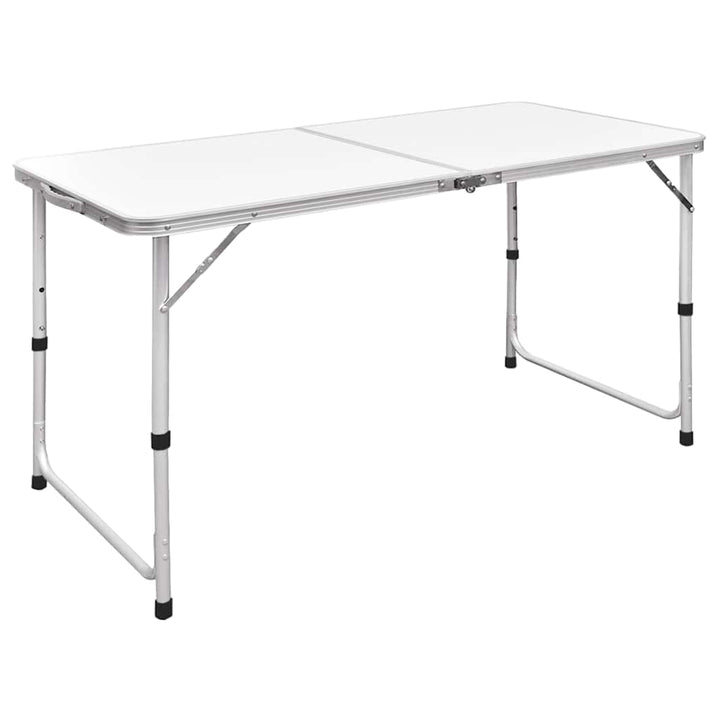 Folding Camping Table with a white rectangular surface, silver aluminum frame, and height-adjustable legs for outdoor use.