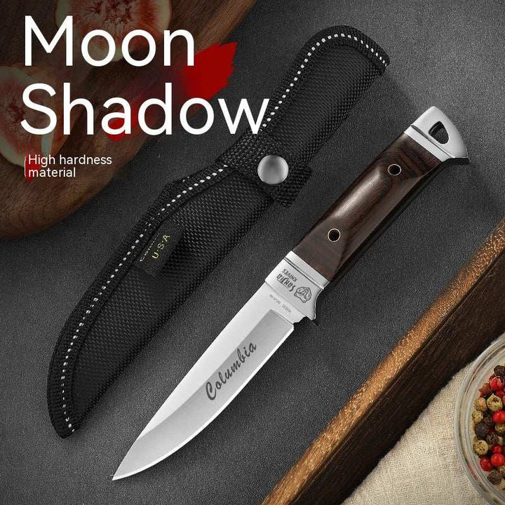 Camping Multifunctional Portable Fruit Knife with stainless steel blade, wooden handle, and black textured leather sheath with snap closure.
